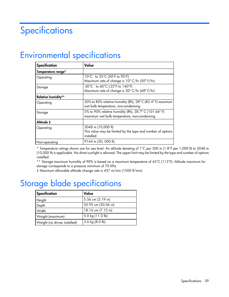 Specifications, Environmental specifications, Storage blade specifications | HP D2220sb-Storage-Blade User Manual | Page 39 / 51