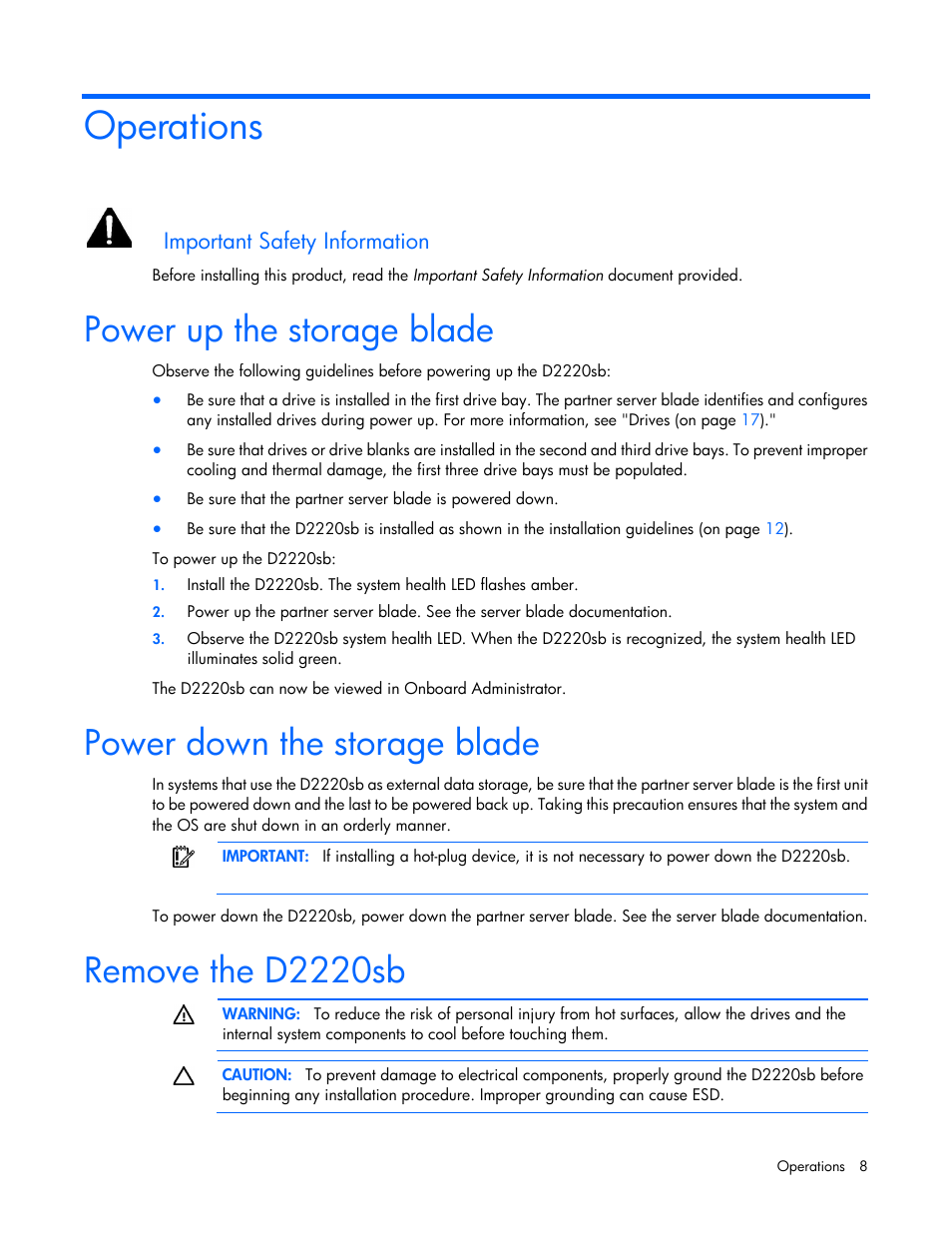 Operations, Power up the storage blade, Power down the storage blade | Remove the d2220sb, Important safety information | HP D2220sb-Storage-Blade User Manual | Page 8 / 51