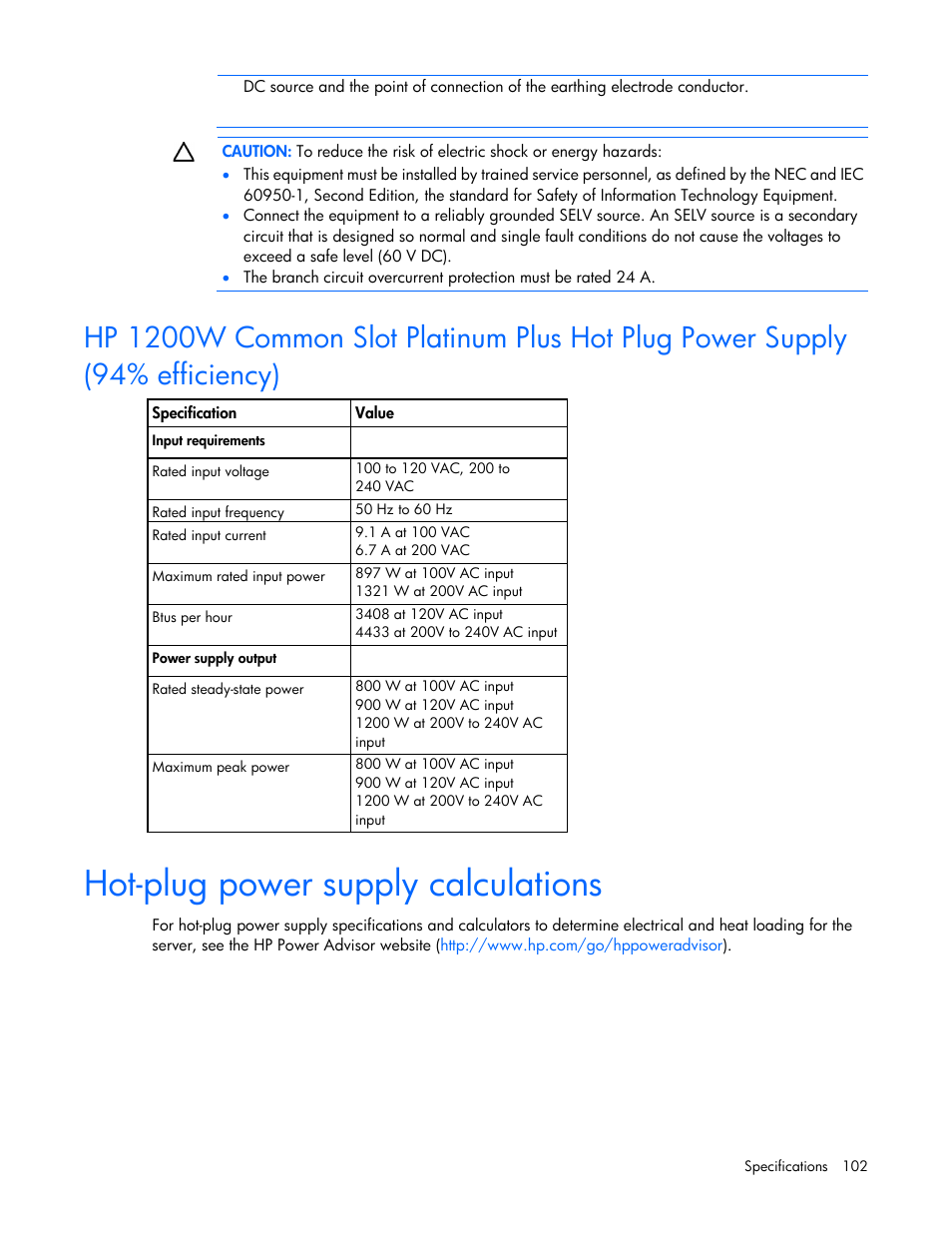 Hot-plug power supply calculations | HP ProLiant DL360p Gen8 Server User Manual | Page 102 / 118