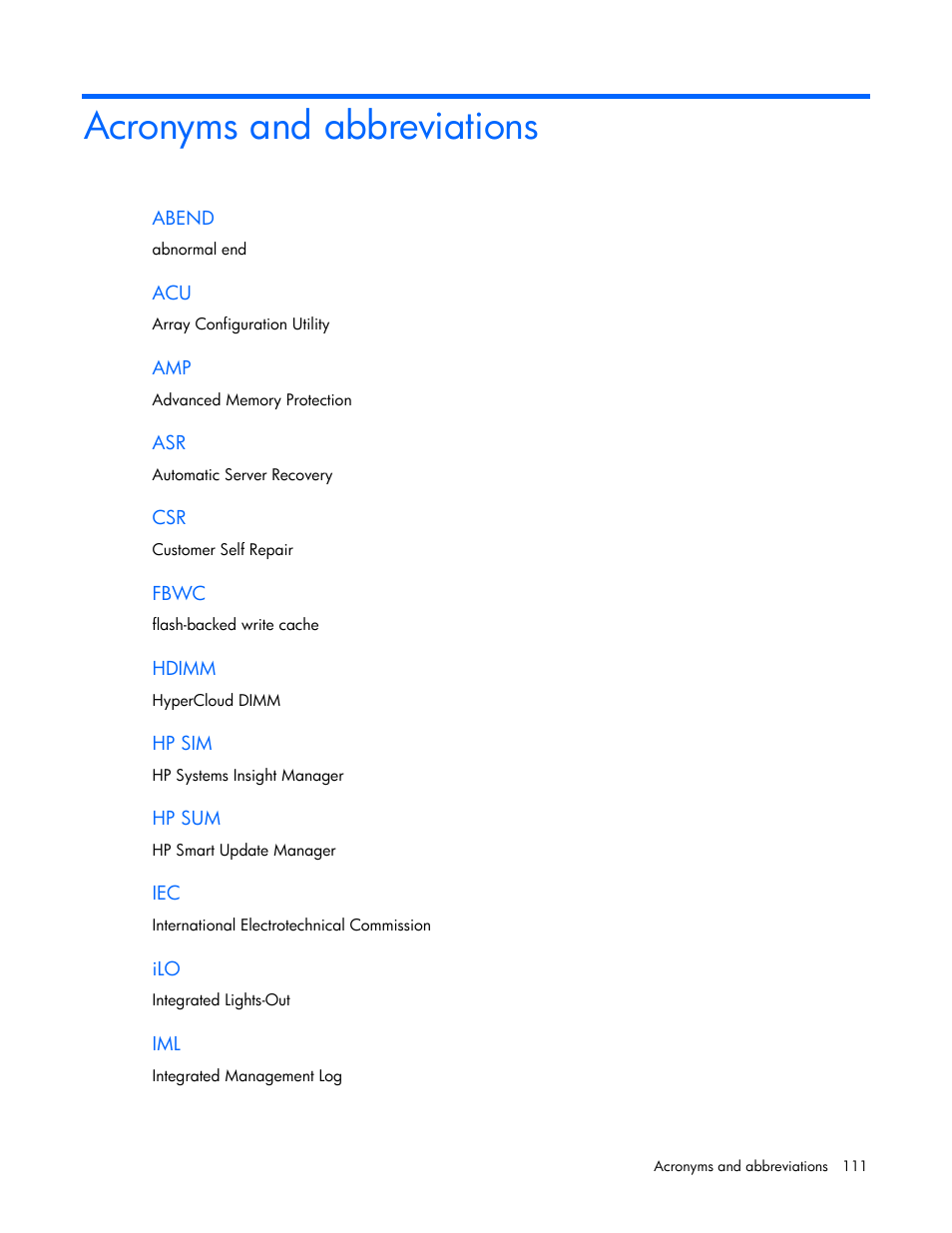 Acronyms and abbreviations | HP ProLiant DL360p Gen8 Server User Manual | Page 111 / 118