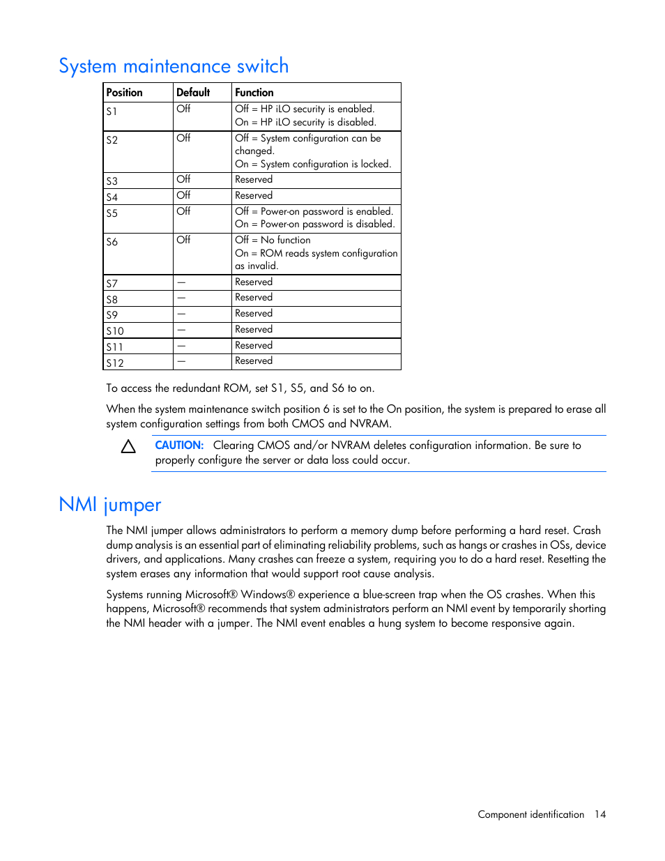 System maintenance switch, Nmi jumper | HP ProLiant DL360p Gen8 Server User Manual | Page 14 / 118