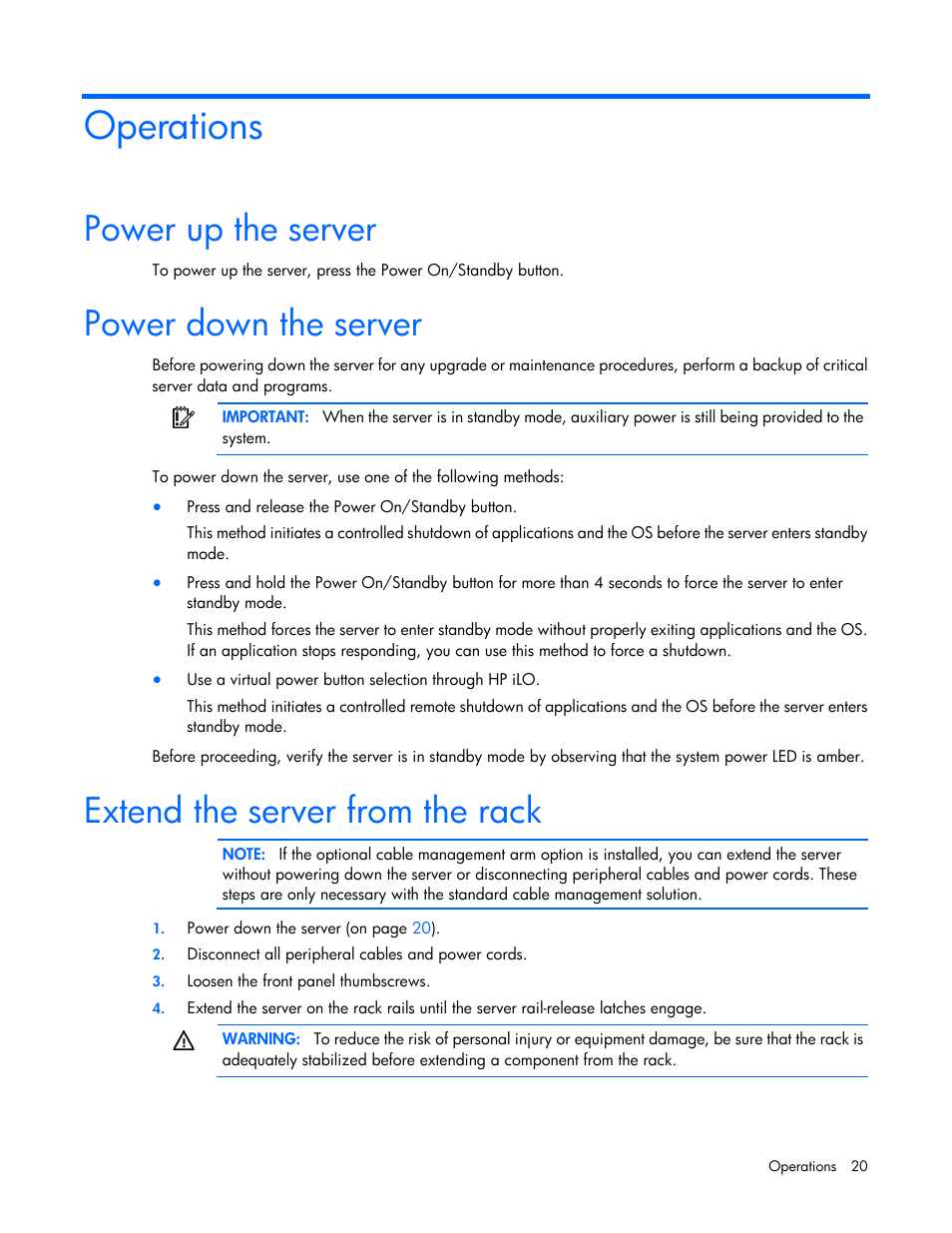 Operations, Power up the server, Power down the server | Extend the server from the rack | HP ProLiant DL360p Gen8 Server User Manual | Page 20 / 118