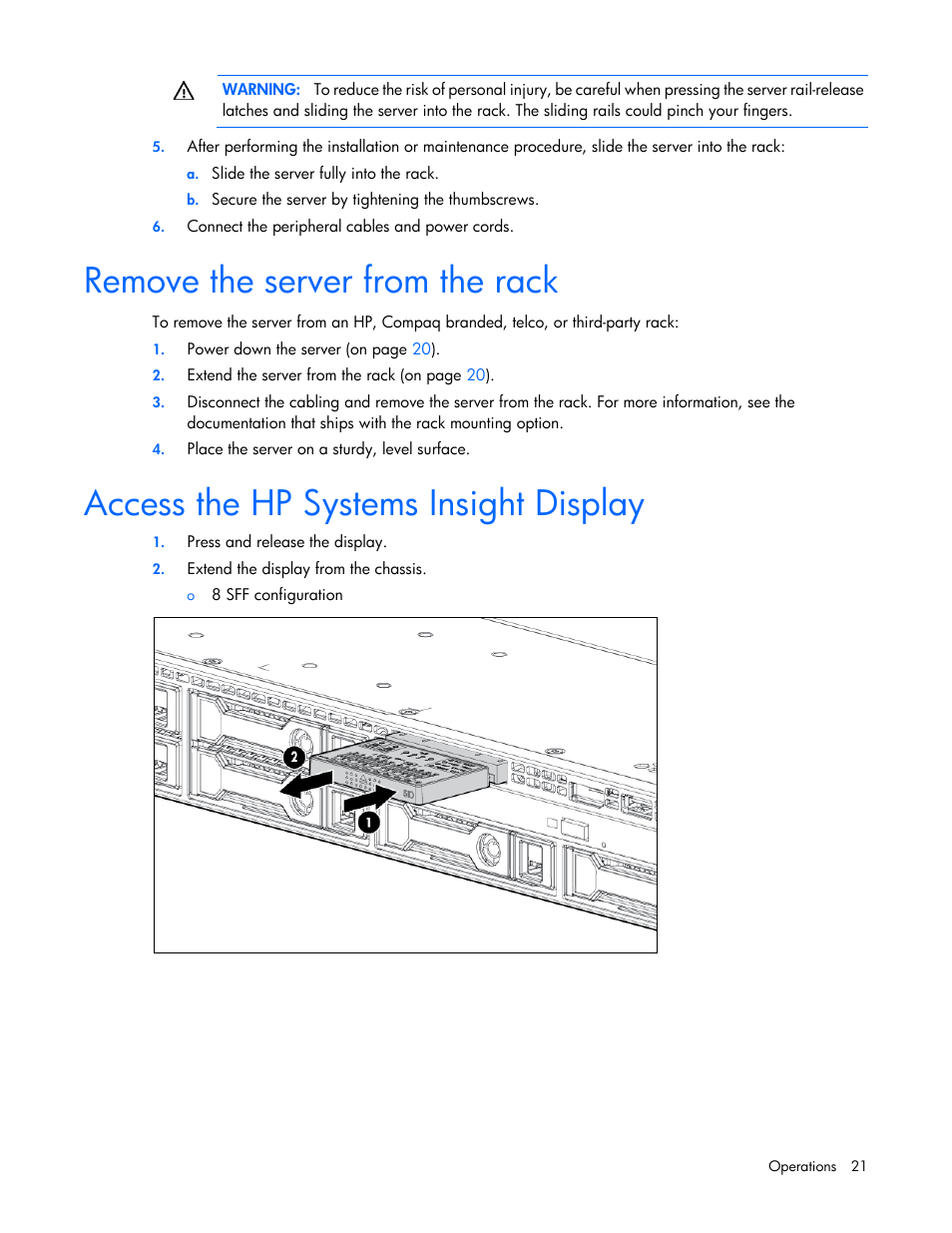 Remove the server from the rack, Access the hp systems insight display | HP ProLiant DL360p Gen8 Server User Manual | Page 21 / 118