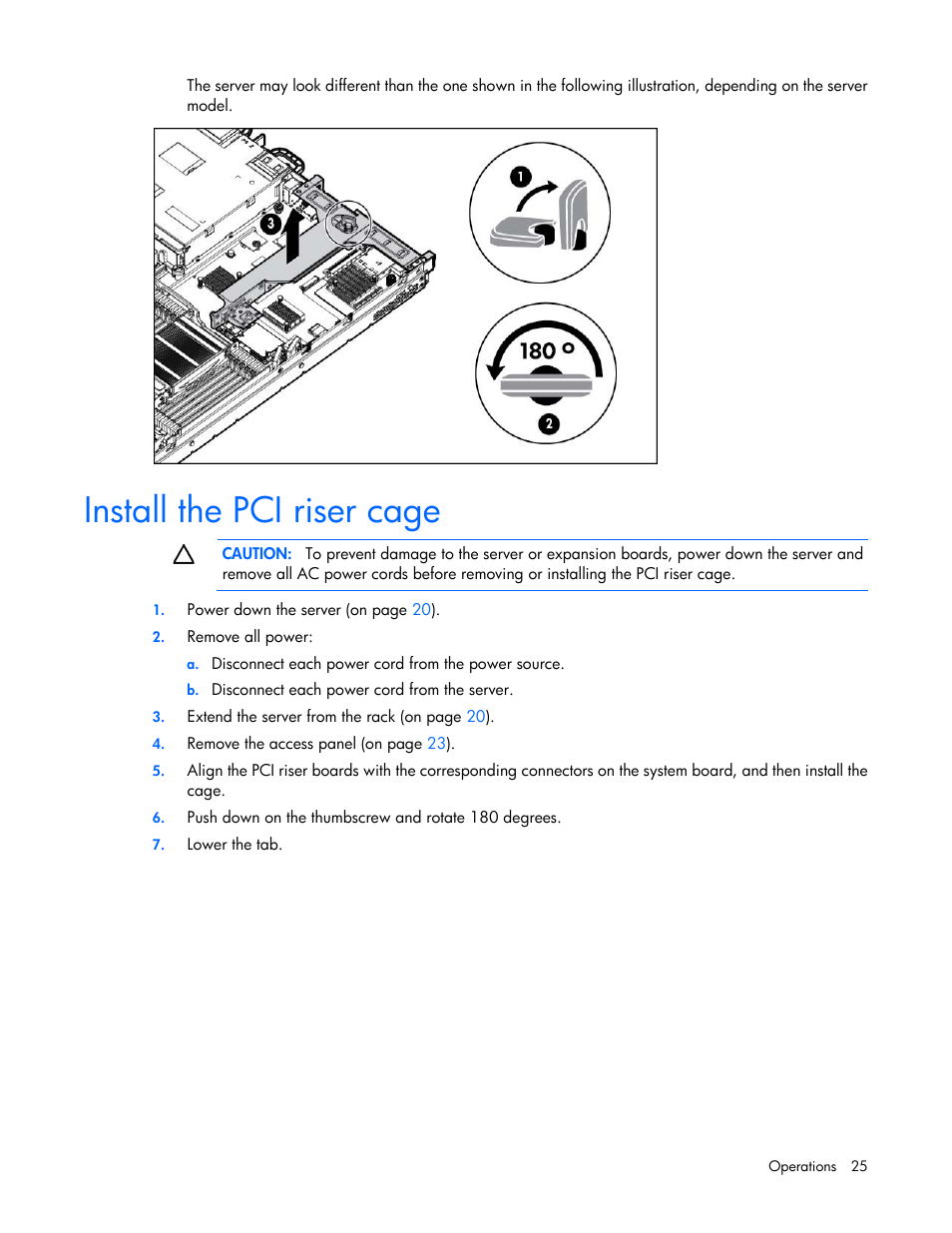 Install the pci riser cage | HP ProLiant DL360p Gen8 Server User Manual | Page 25 / 118