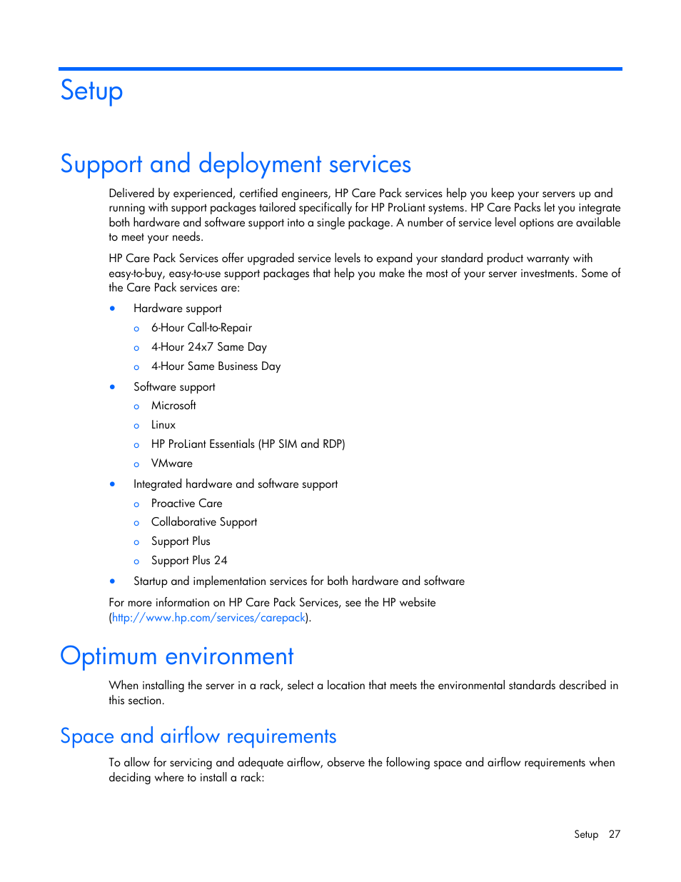 Setup, Support and deployment services, Optimum environment | Space and airflow requirements | HP ProLiant DL360p Gen8 Server User Manual | Page 27 / 118