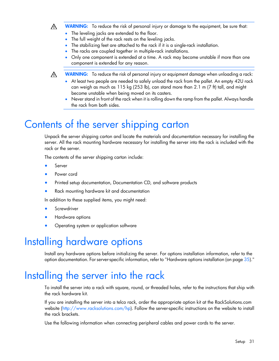 Contents of the server shipping carton, Installing hardware options, Installing the server into the rack | HP ProLiant DL360p Gen8 Server User Manual | Page 31 / 118