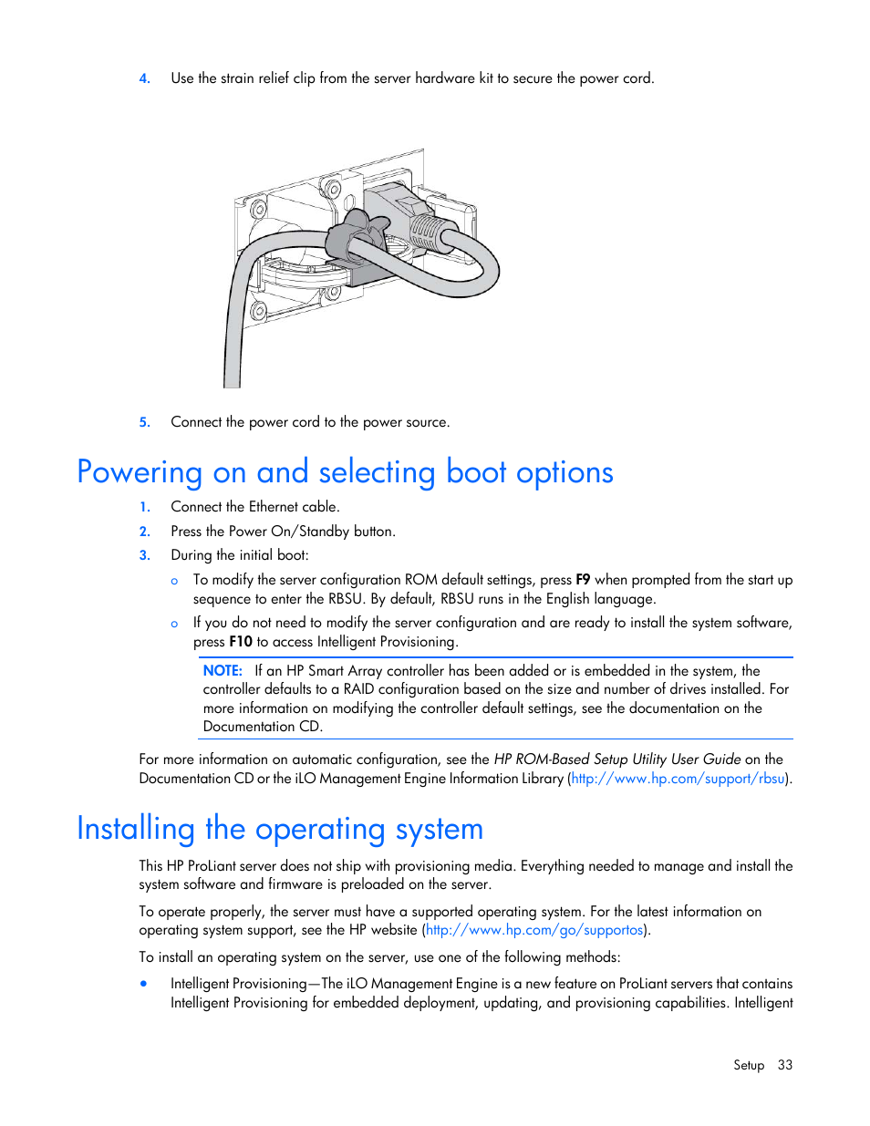 Powering on and selecting boot options, Installing the operating system | HP ProLiant DL360p Gen8 Server User Manual | Page 33 / 118