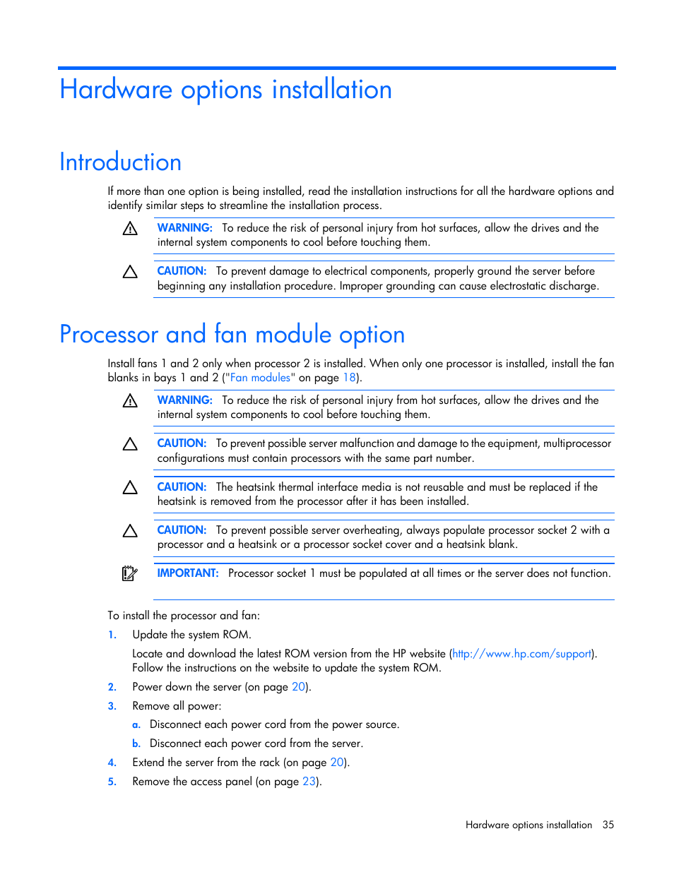 Hardware options installation, Introduction, Processor and fan module option | HP ProLiant DL360p Gen8 Server User Manual | Page 35 / 118