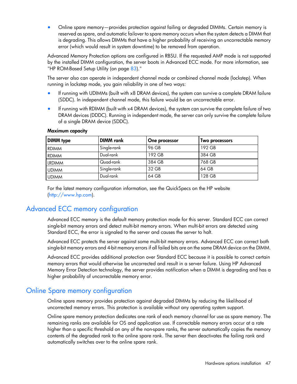 Advanced ecc memory configuration, Online spare memory configuration | HP ProLiant DL360p Gen8 Server User Manual | Page 47 / 118