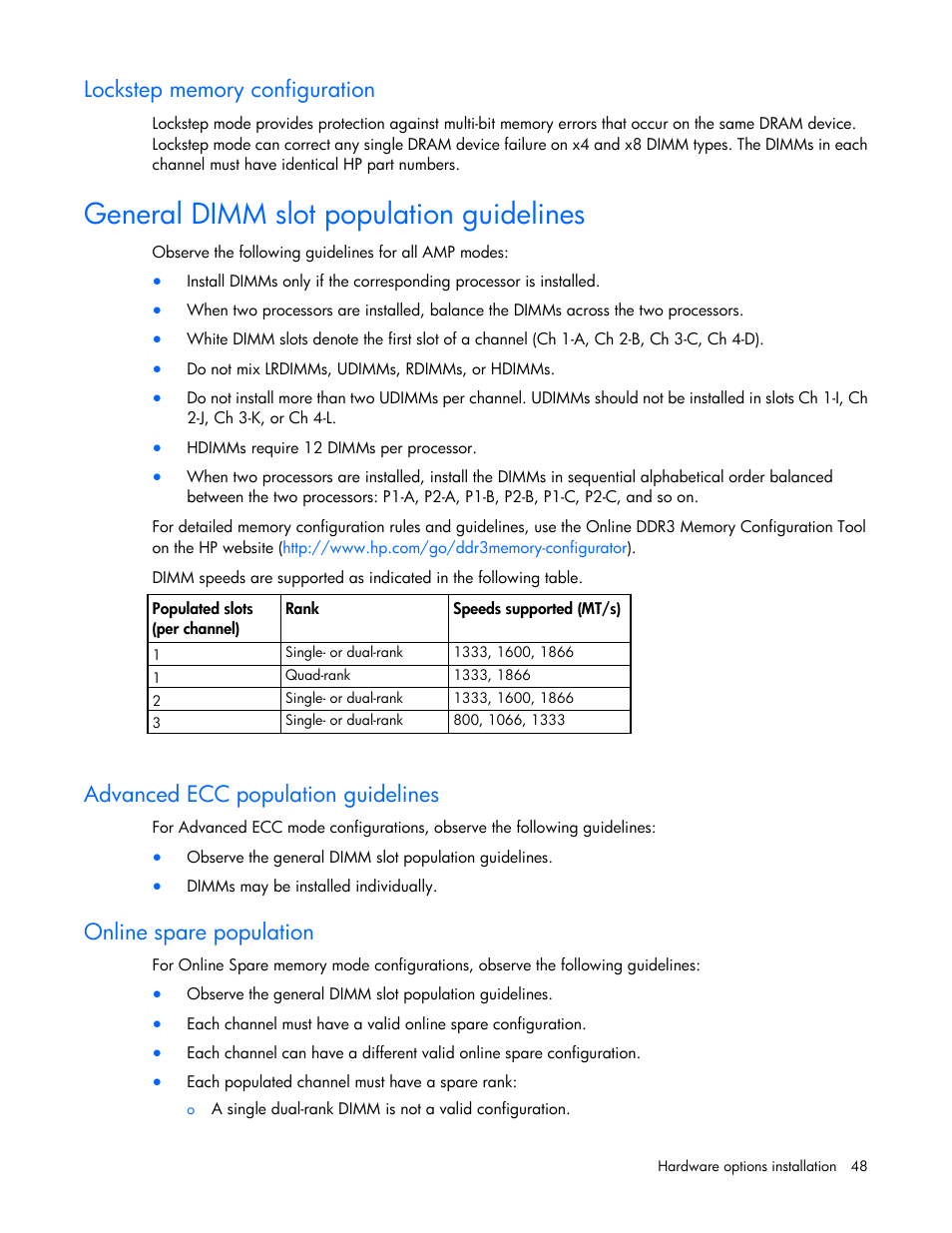 Lockstep memory configuration, General dimm slot population guidelines, Advanced ecc population guidelines | Online spare population | HP ProLiant DL360p Gen8 Server User Manual | Page 48 / 118