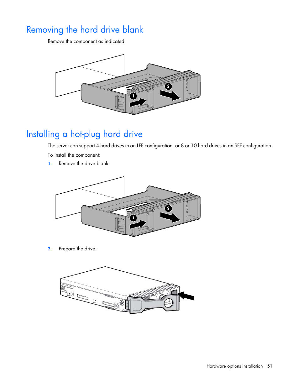 Removing the hard drive blank, Installing a hot-plug hard drive | HP ProLiant DL360p Gen8 Server User Manual | Page 51 / 118