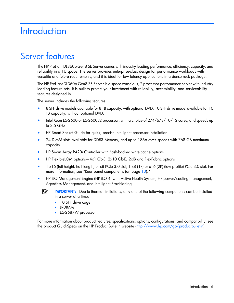 Introduction, Server features | HP ProLiant DL360p Gen8 Server User Manual | Page 6 / 118