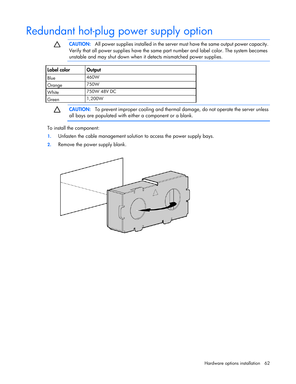 Redundant hot-plug power supply option | HP ProLiant DL360p Gen8 Server User Manual | Page 62 / 118