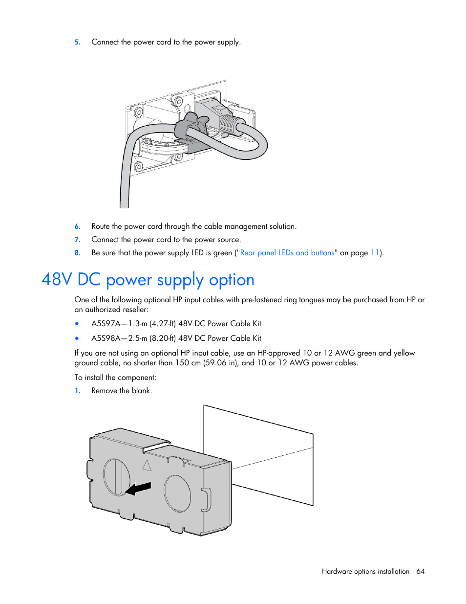 48v dc power supply option | HP ProLiant DL360p Gen8 Server User Manual | Page 64 / 118