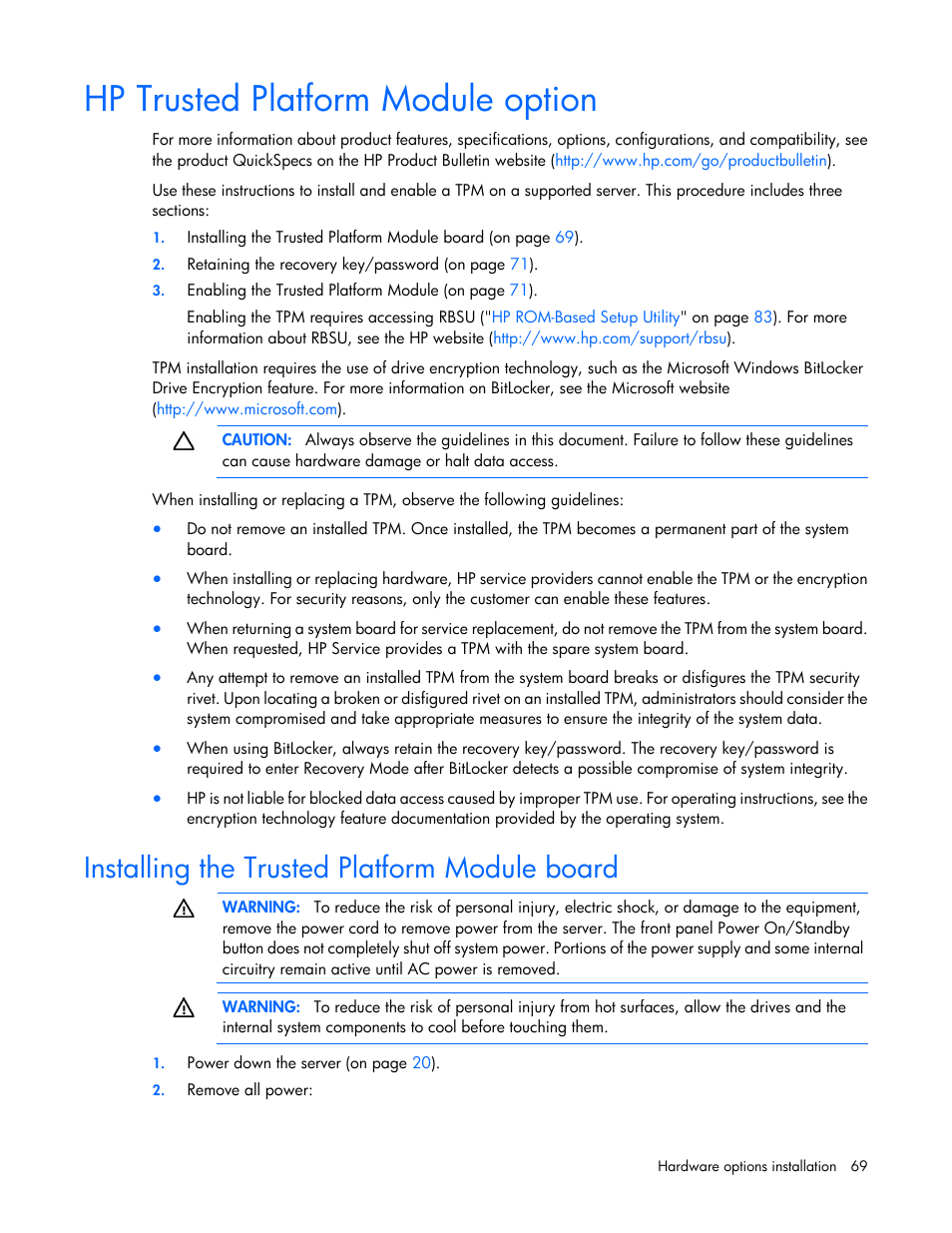 Hp trusted platform module option, Installing the trusted platform module board | HP ProLiant DL360p Gen8 Server User Manual | Page 69 / 118