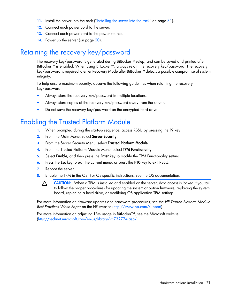 Retaining the recovery key/password, Enabling the trusted platform module | HP ProLiant DL360p Gen8 Server User Manual | Page 71 / 118