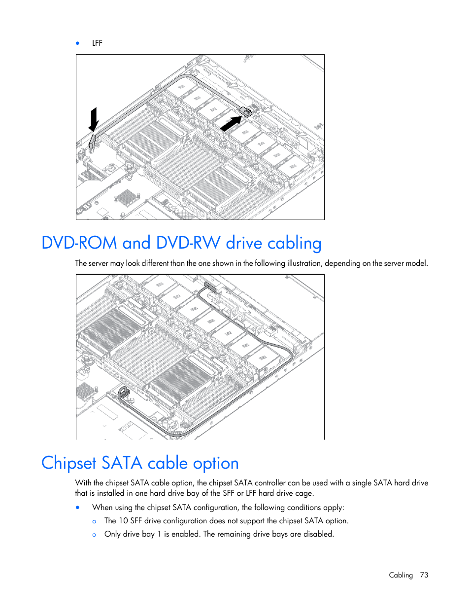 Dvd-rom and dvd-rw drive cabling, Chipset sata cable option | HP ProLiant DL360p Gen8 Server User Manual | Page 73 / 118