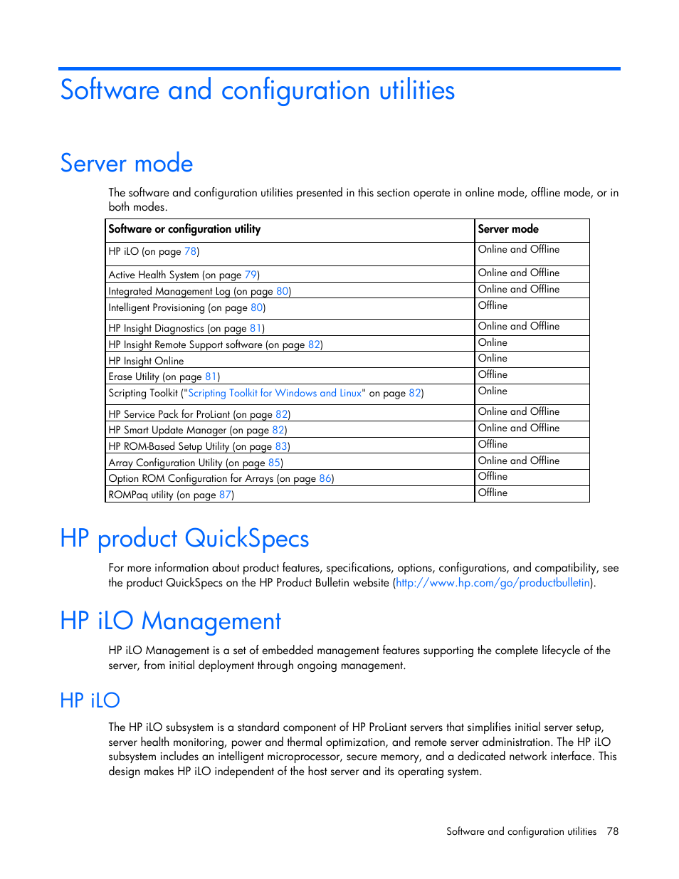 Software and configuration utilities, Server mode, Hp product quickspecs | Hp ilo management, Hp ilo | HP ProLiant DL360p Gen8 Server User Manual | Page 78 / 118