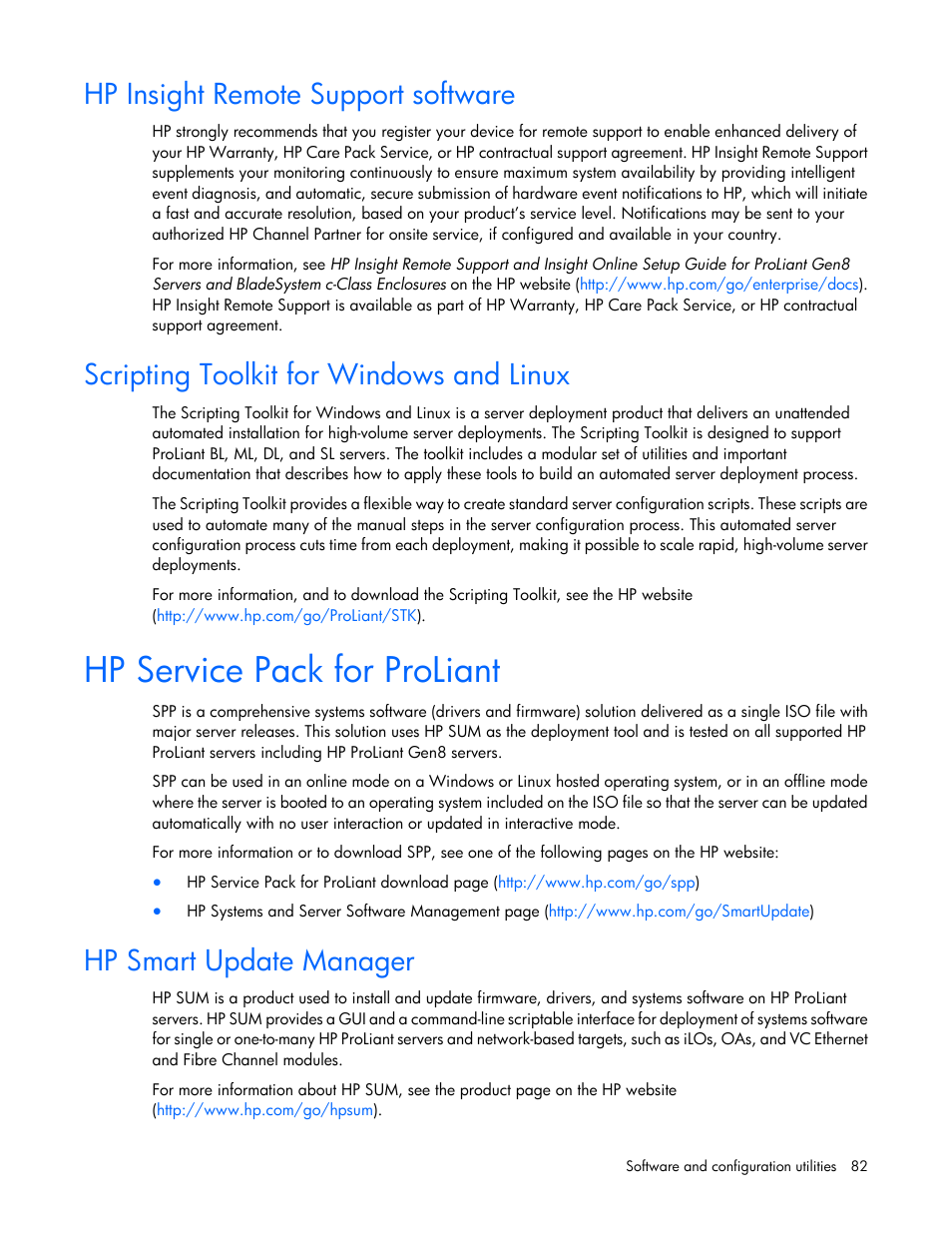 Hp insight remote support software, Scripting toolkit for windows and linux, Hp service pack for proliant | Hp smart update manager | HP ProLiant DL360p Gen8 Server User Manual | Page 82 / 118