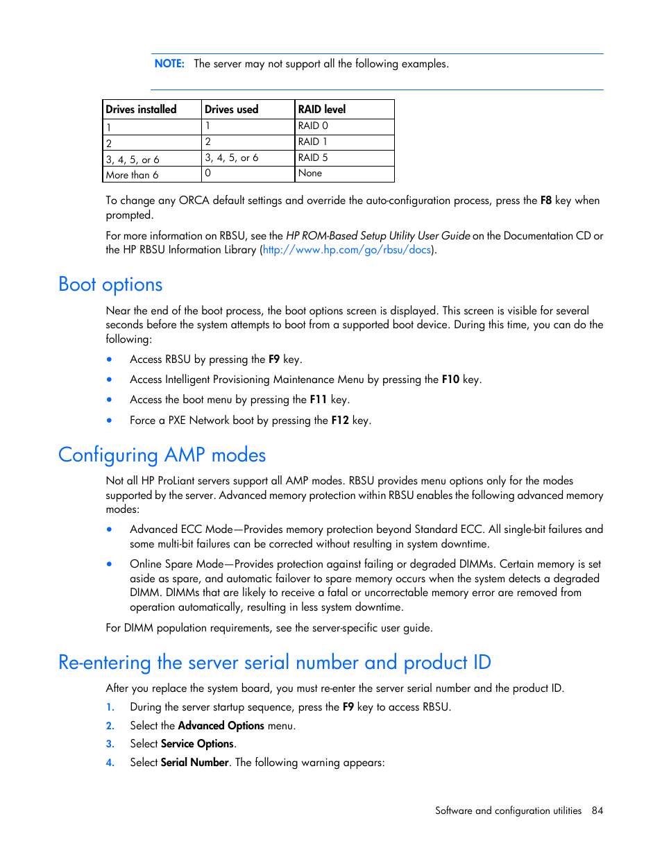 Boot options, Configuring amp modes | HP ProLiant DL360p Gen8 Server User Manual | Page 84 / 118