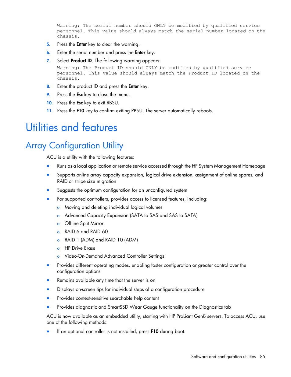 Utilities and features, Array configuration utility | HP ProLiant DL360p Gen8 Server User Manual | Page 85 / 118