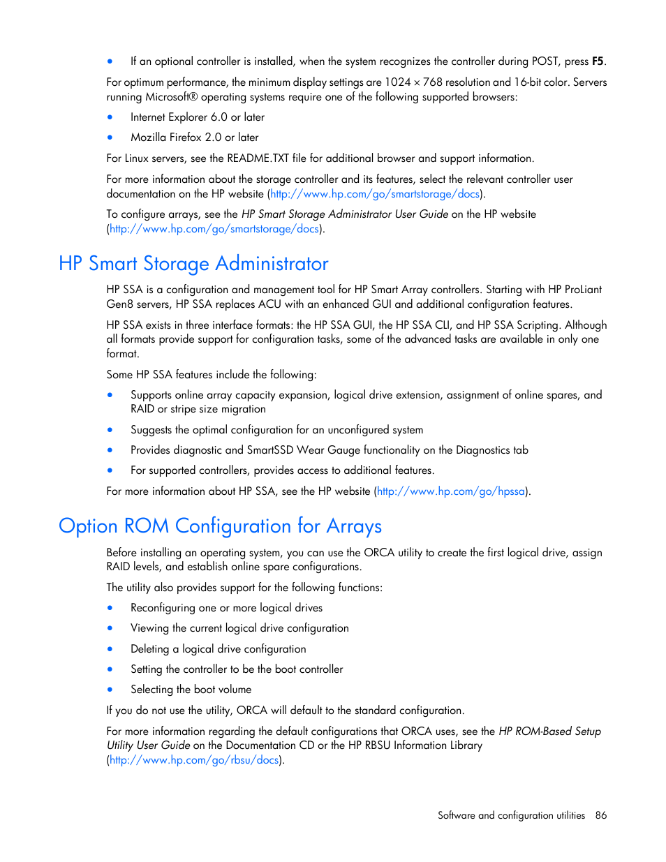 Hp smart storage administrator, Option rom configuration for arrays | HP ProLiant DL360p Gen8 Server User Manual | Page 86 / 118