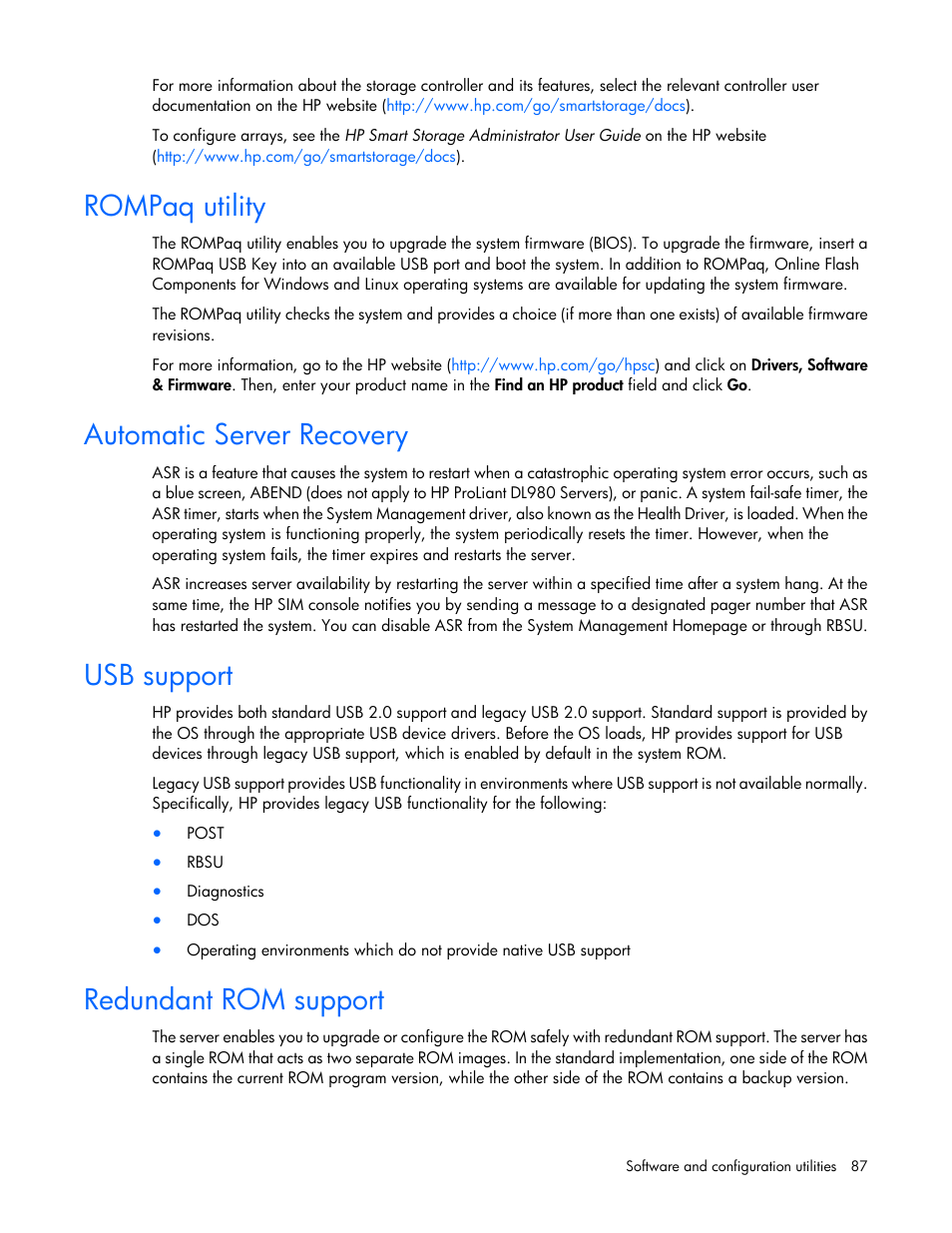 Rompaq utility, Automatic server recovery, Usb support | Redundant rom support | HP ProLiant DL360p Gen8 Server User Manual | Page 87 / 118