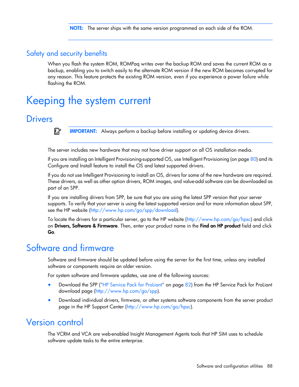 Safety and security benefits, Keeping the system current, Drivers | Software and firmware, Version control | HP ProLiant DL360p Gen8 Server User Manual | Page 88 / 118