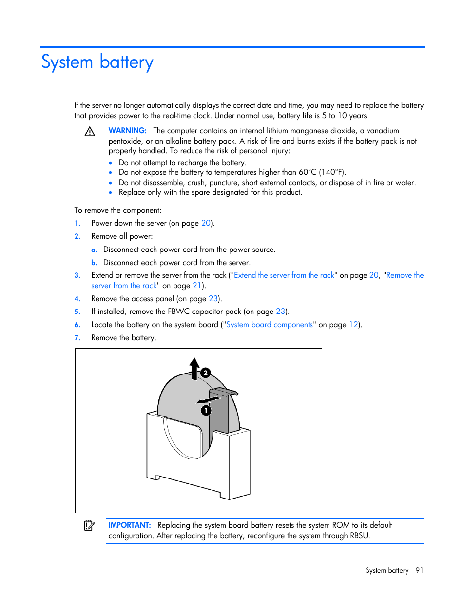 System battery | HP ProLiant DL360p Gen8 Server User Manual | Page 91 / 118