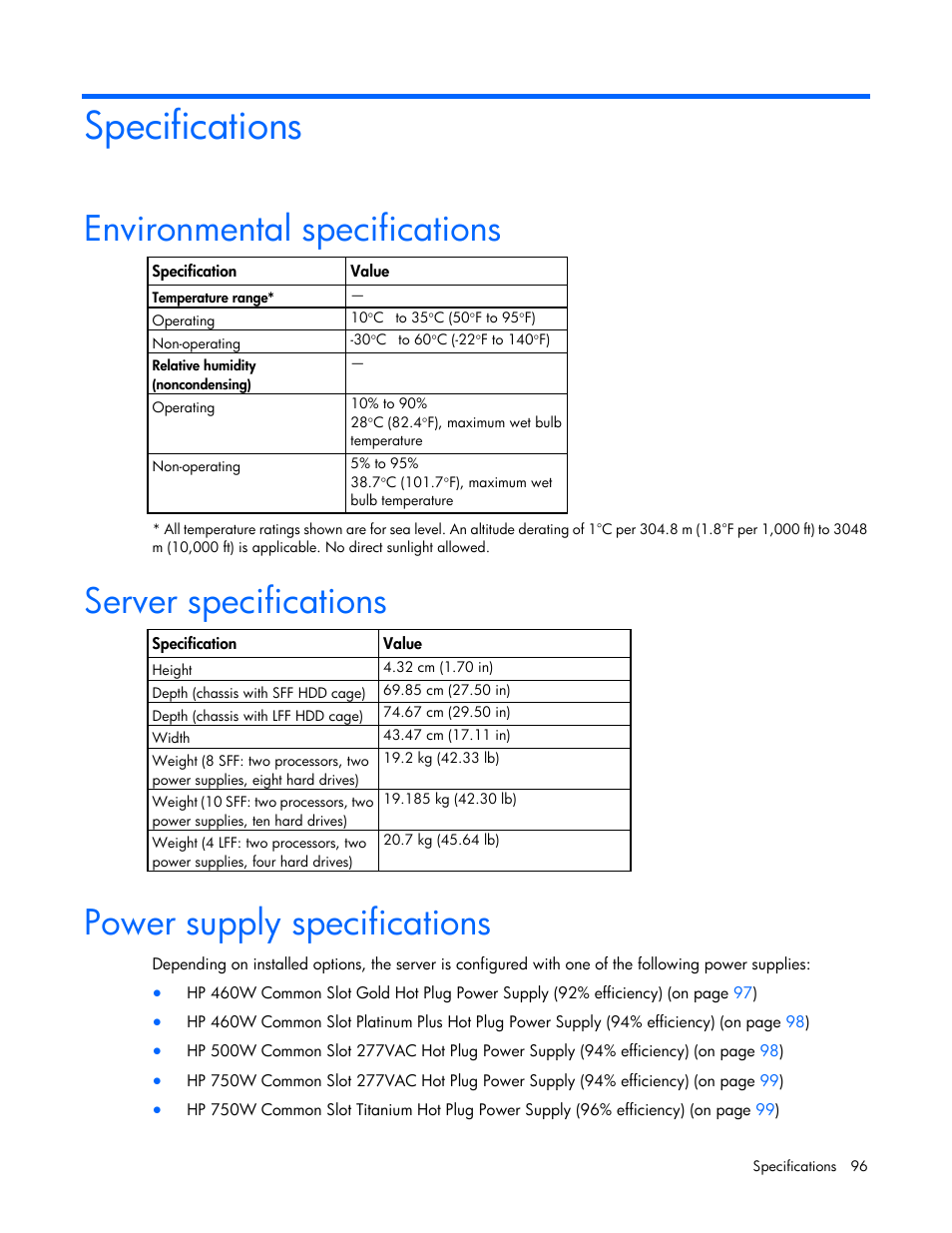 Specifications, Environmental specifications, Server specifications | Power supply specifications | HP ProLiant DL360p Gen8 Server User Manual | Page 96 / 118