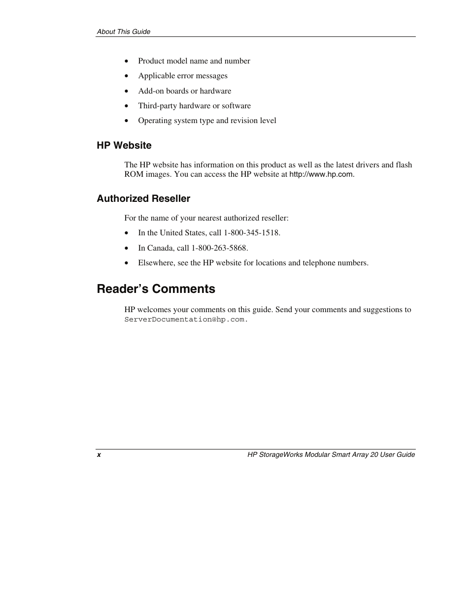 Hp website, Authorized reseller, Reader’s comments | HP StorageWorks 20 Modular Smart Array User Manual | Page 10 / 45