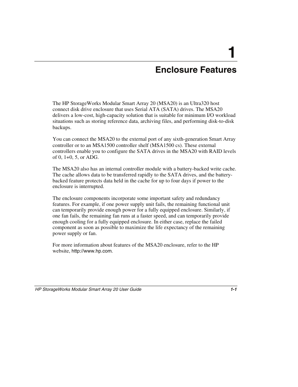 Chapter 1: enclosure features, Chapter 1, Enclosure features | HP StorageWorks 20 Modular Smart Array User Manual | Page 11 / 45