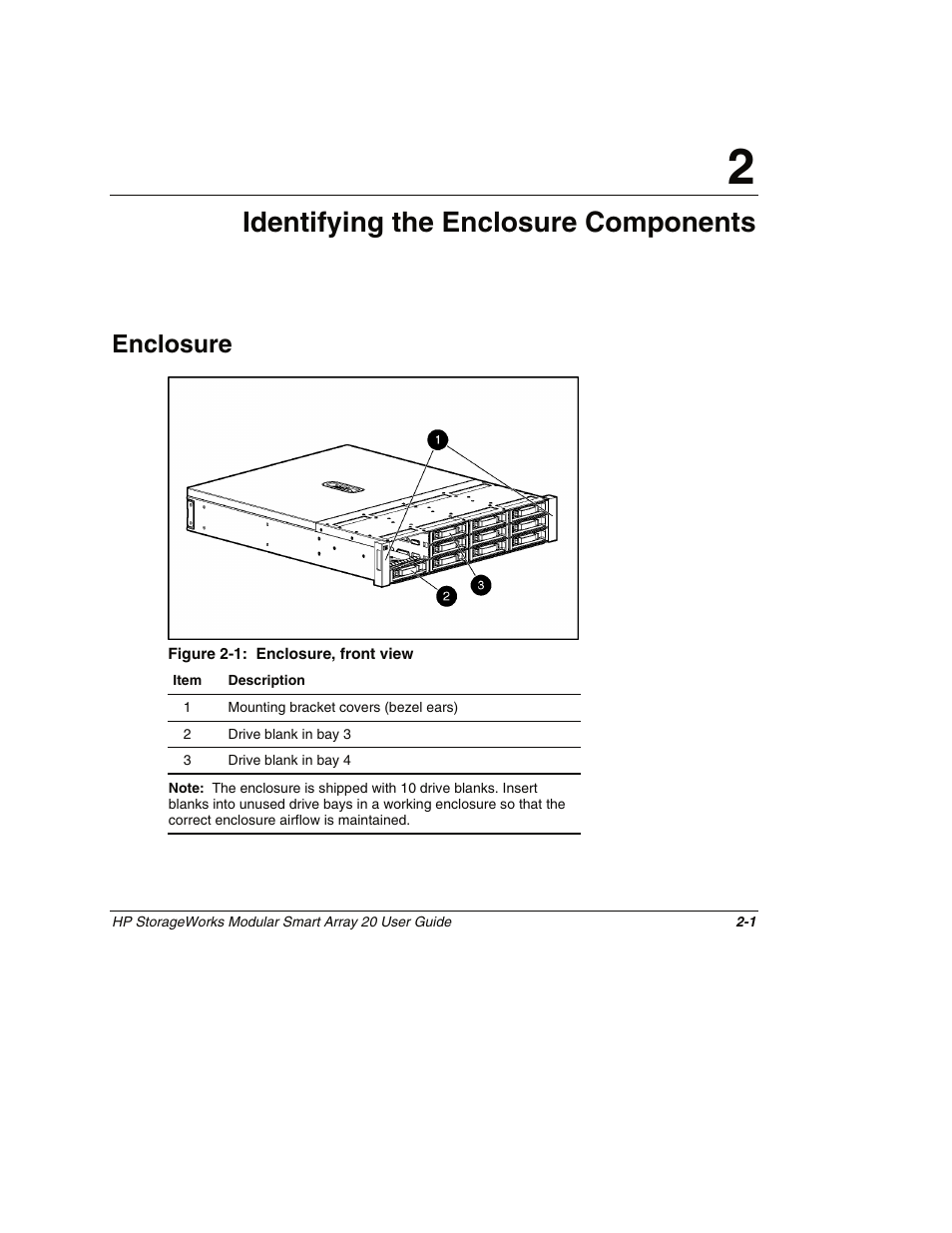 Chapter 2: identifying the enclosure components, Enclosure, Chapter 2 | Identifying the enclosure components, Enclosure -1 | HP StorageWorks 20 Modular Smart Array User Manual | Page 12 / 45