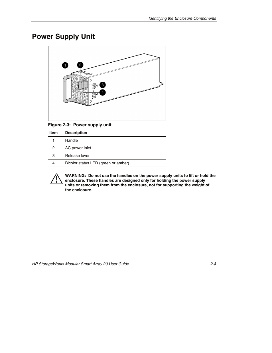 Power supply unit, Power supply unit -3 | HP StorageWorks 20 Modular Smart Array User Manual | Page 14 / 45