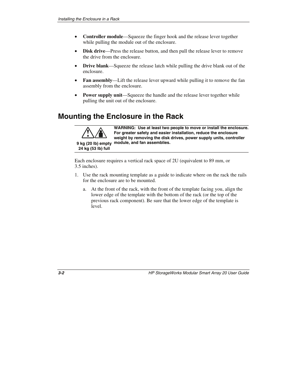 Mounting the enclosure in the rack, Mounting the enclosure in the rack -2 | HP StorageWorks 20 Modular Smart Array User Manual | Page 20 / 45