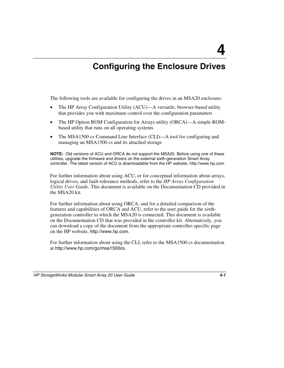 Chapter 4: configuring the enclosure drives, Chapter 4, Configuring the enclosure drives | HP StorageWorks 20 Modular Smart Array User Manual | Page 27 / 45