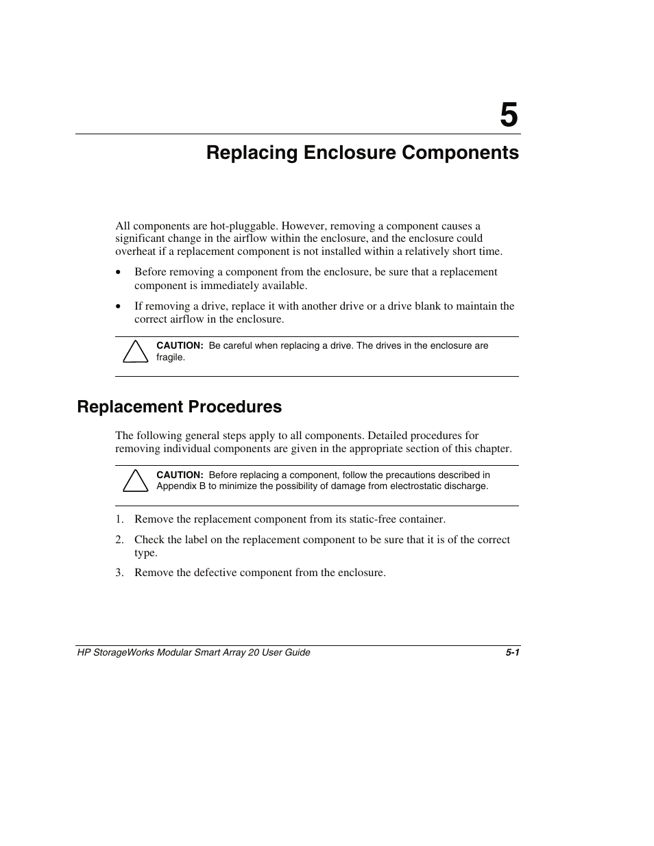 Chapter 5: replacing enclosure components, Replacement procedures, Chapter 5 | Replacing enclosure components, Replacement procedures -1 | HP StorageWorks 20 Modular Smart Array User Manual | Page 28 / 45