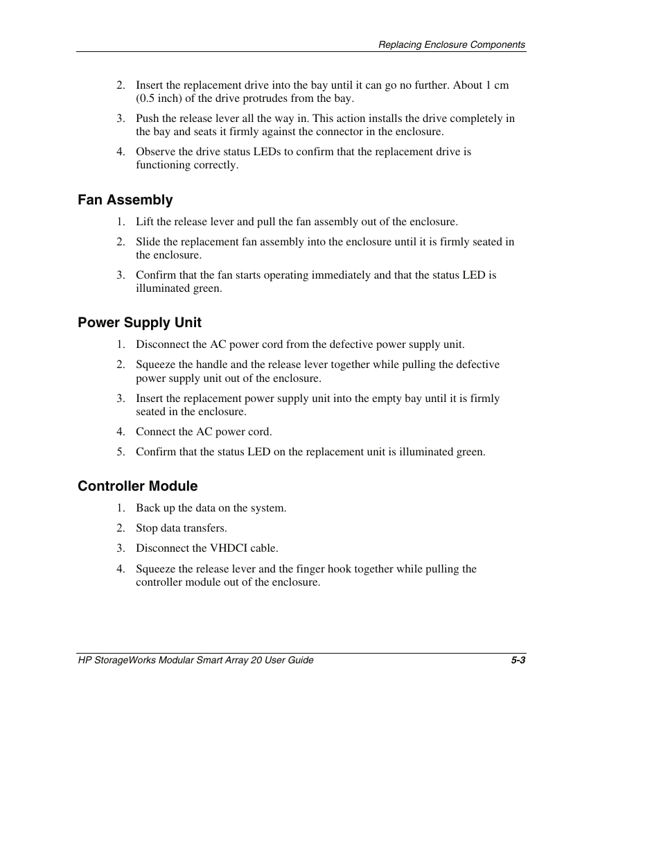 Fan assembly, Power supply unit, Controller module | Fan assembly -3, Power supply unit -3, Controller module -3 | HP StorageWorks 20 Modular Smart Array User Manual | Page 30 / 45