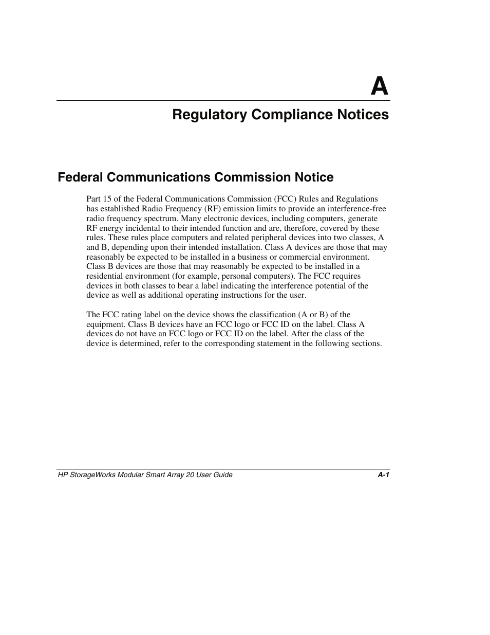 Appendix a: regulatory compliance notices, Federal communications commission notice, Appendix a | Regulatory compliance notices | HP StorageWorks 20 Modular Smart Array User Manual | Page 34 / 45