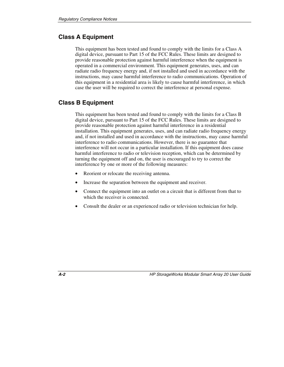 Class a equipment, Class b equipment | HP StorageWorks 20 Modular Smart Array User Manual | Page 35 / 45