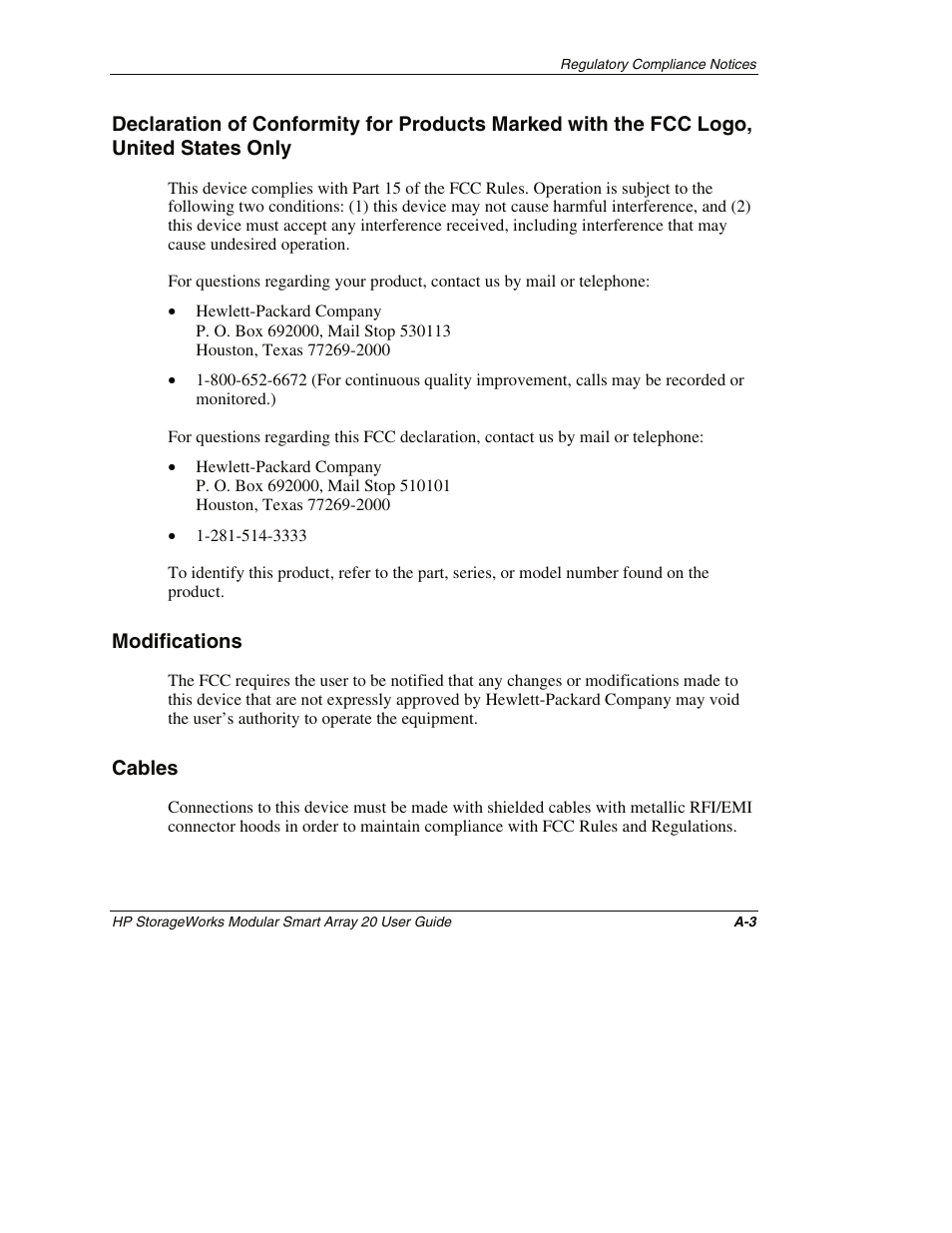 Modifications, Cables | HP StorageWorks 20 Modular Smart Array User Manual | Page 36 / 45