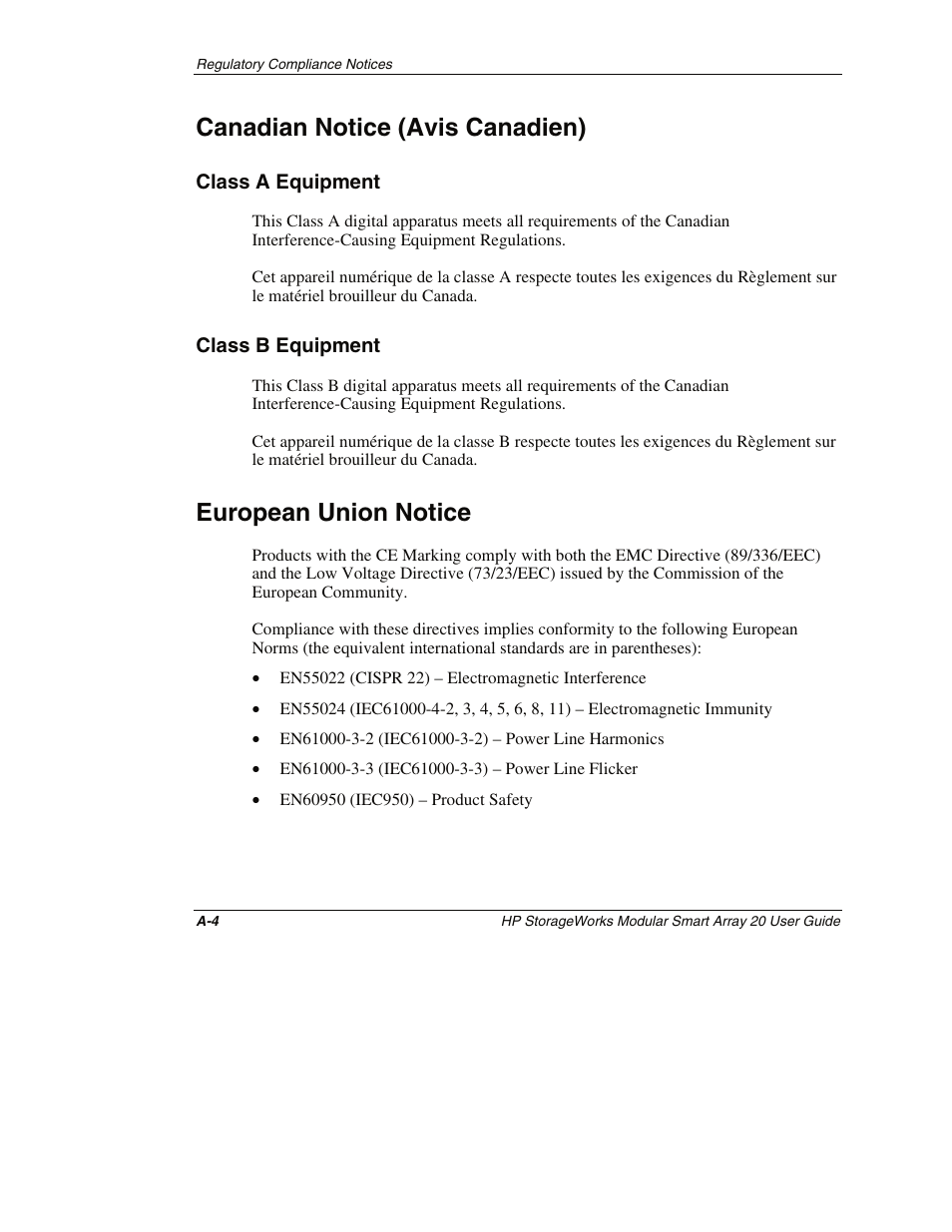 Canadian notice (avis canadien), Class a equipment, Class b equipment | European union notice | HP StorageWorks 20 Modular Smart Array User Manual | Page 37 / 45