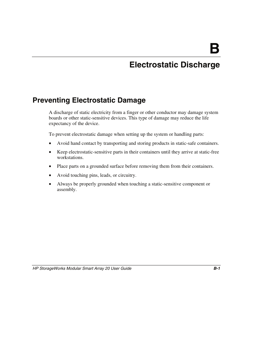 Appendix b: electrostatic discharge, Preventing electrostatic damage, Appendix b | Electrostatic discharge | HP StorageWorks 20 Modular Smart Array User Manual | Page 40 / 45