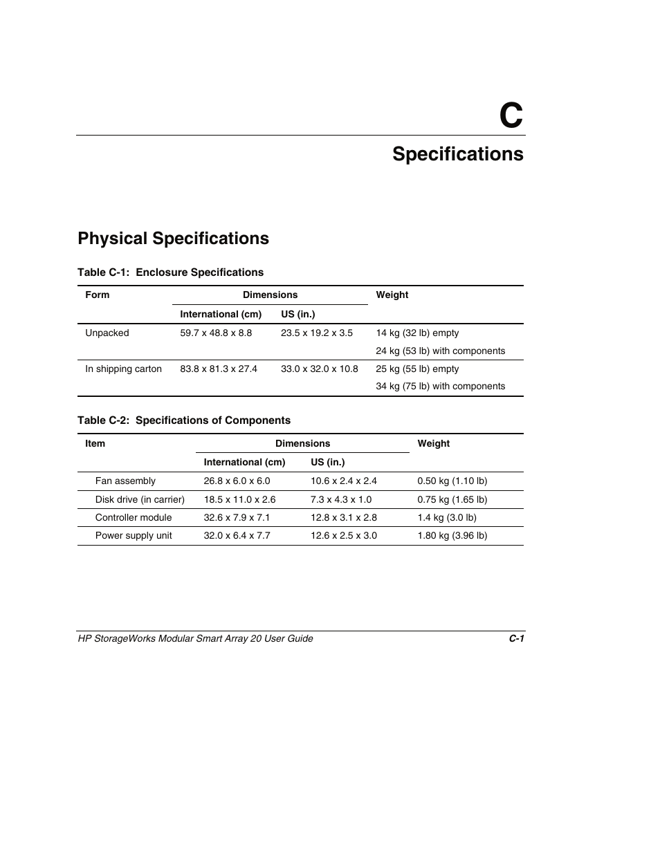 Appendix c: specifications, Physical specifications, Appendix c | Specifications | HP StorageWorks 20 Modular Smart Array User Manual | Page 42 / 45