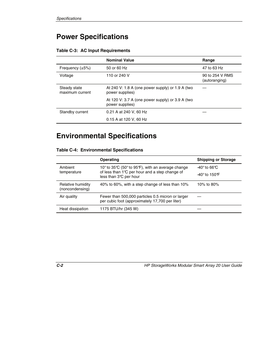 Power specifications, Environmental specifications | HP StorageWorks 20 Modular Smart Array User Manual | Page 43 / 45