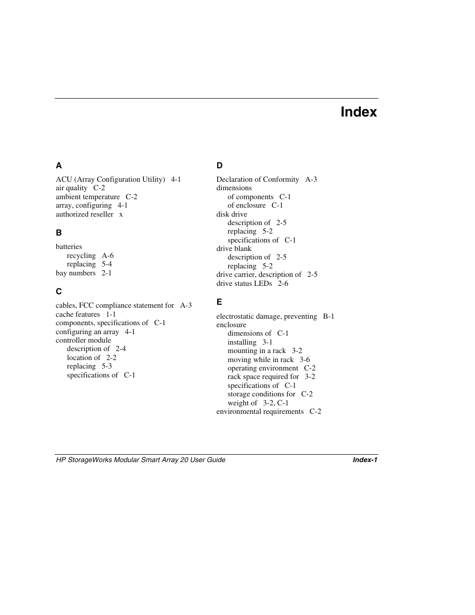 Index | HP StorageWorks 20 Modular Smart Array User Manual | Page 44 / 45