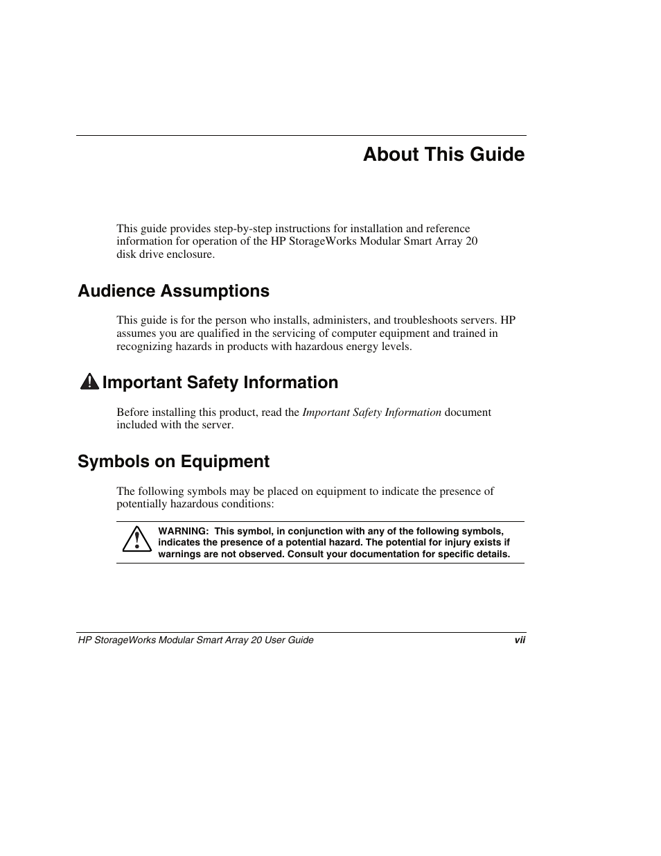 About this guide, Audience assumptions, Important safety information | Symbols on equipment | HP StorageWorks 20 Modular Smart Array User Manual | Page 7 / 45