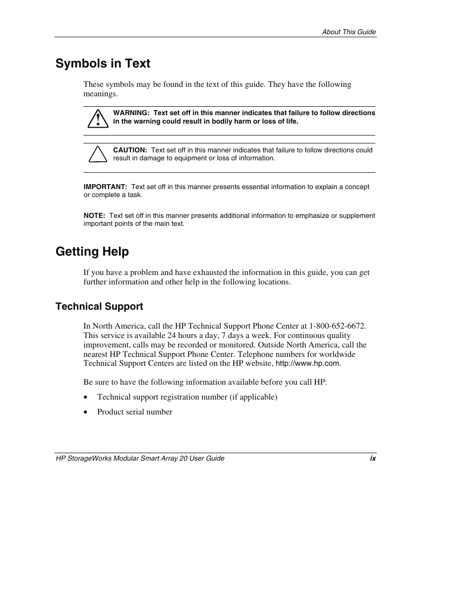 Symbols in text, Getting help, Technical support | HP StorageWorks 20 Modular Smart Array User Manual | Page 9 / 45