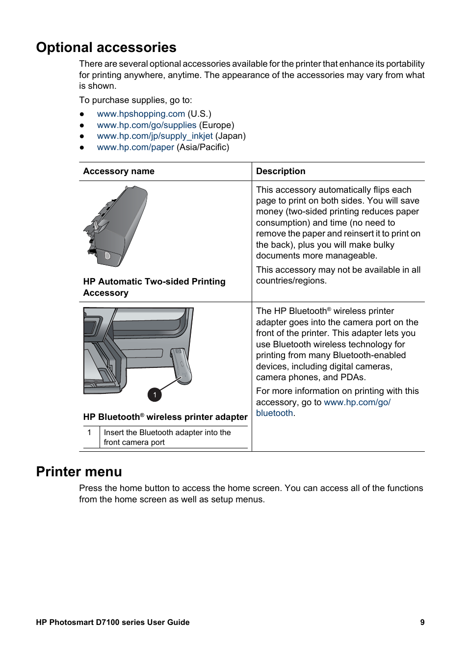 Optional accessories, Printer menu, Optional accessories printer menu | View & print save share settings | HP Photosmart D7155 Printer User Manual | Page 12 / 70