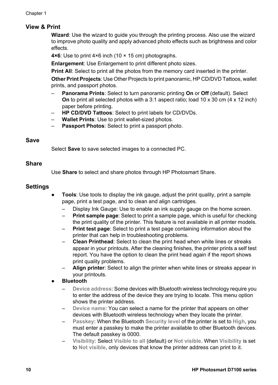 View & print, Save, Share | Settings | HP Photosmart D7155 Printer User Manual | Page 13 / 70